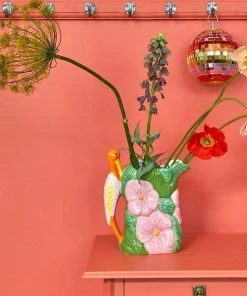 Rice By Rice Heron And Flower Ceramic Jug Vase