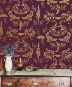 The Graduate Collection Rose & Thorn Dipped In Moonlight Wallpaper - Metallic Gold & Burgundy