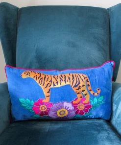 My Doris Wild Tiger Embroidered Velvet Cushion Rose & Thorn