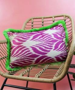 My Doris Lime And Pink Lotus Fringed Silk Cushion Cushions
