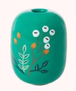 Rice By Rice Green Metal Candle Holder With Flowers New