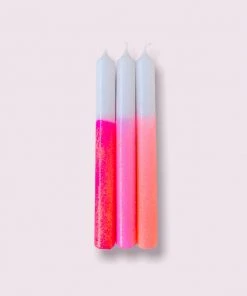 Pink Stories Dip Dye Glitter Taper Candles Girls Night - Set Of 3