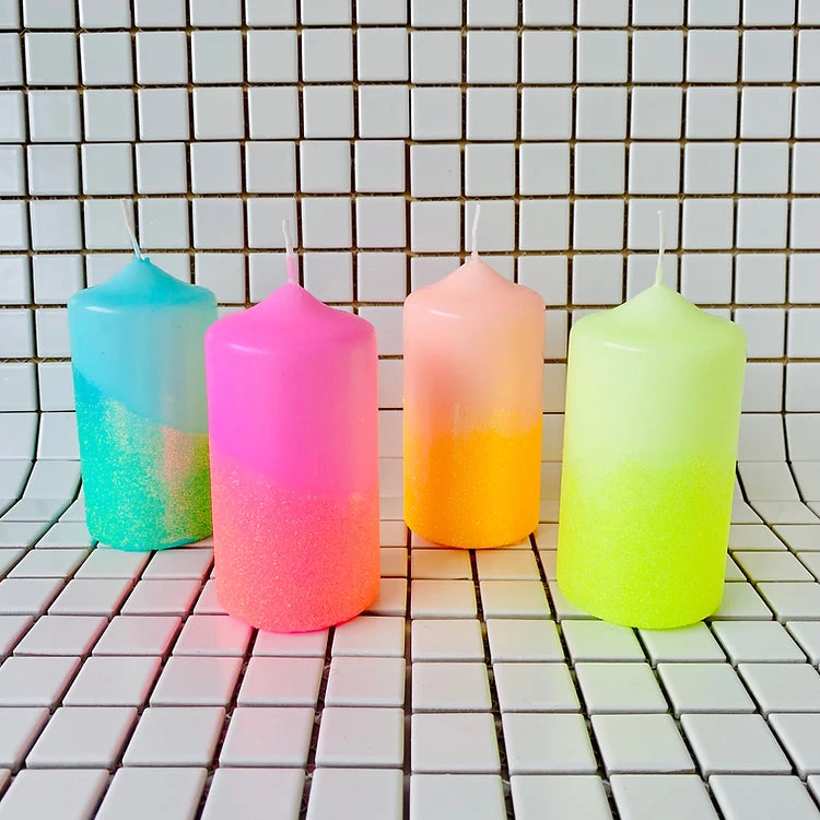 Pink Stories Neon Dip Dye Glitter Pillar Candle - Pink | Bohemian Dream Home Decor 4 Pink Stories New Neon Dip Dye Glitter Pillar Candle - Pink