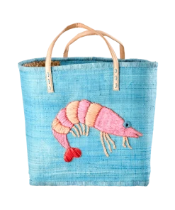 Rice By Rice Blue Raffia Weekend Bag With Shrimp New