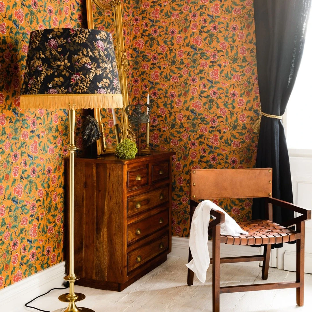 The Design Yard Rose & Thorn Chinese Ornament Wallpaper in Ochre - Floral Heritage Wallpaper for Home Decor 4 The Design Yard Rose & Thorn Chinese Ornament Wallpaper In Ochre