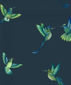 Brand Mckenzie Rose & Thorn Exotic Birds Wallpaper, Midnight Blue