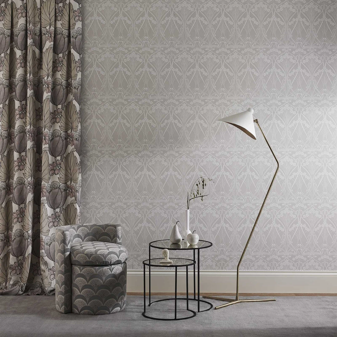 Liberty Fabrics Lanthe Mono Wallpaper in Pewter White | Floral Block Print Wallpaper | New Arrival 4 Liberty Fabrics Lanthe Mono Wallpaper In Pewter White New