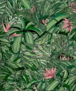 Brand Mckenzie Monkey Forest Wallpaper, Dark Green & Pink
