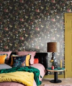 BN Rose & Thorn Fiore Heron Print Wallpaper Noir