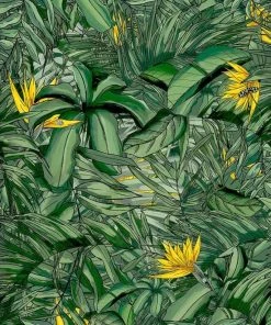 Brand Mckenzie Tropical Forest Wallpaper, Dark Green & Yellow Rose & Thorn