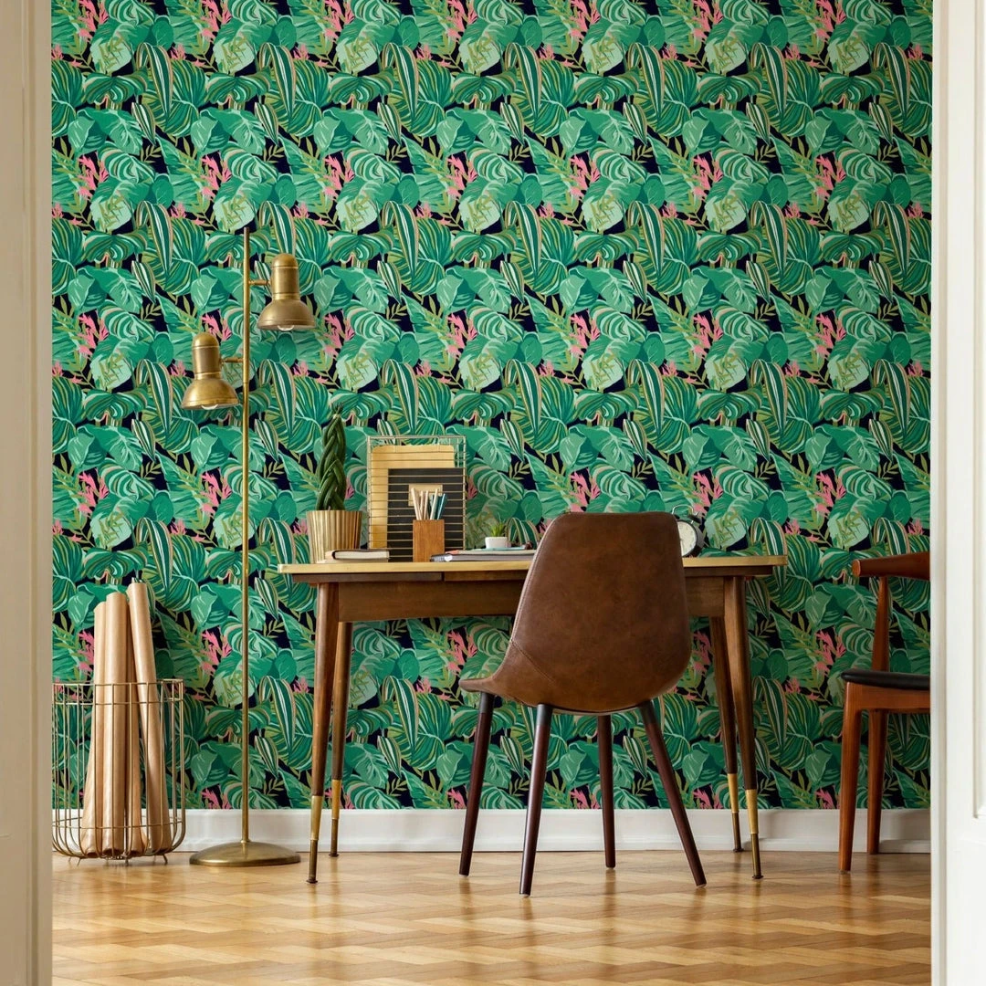 Mind The Gap Memphis To Miami Tropical Foliage Anthracite Wallpaper - Premium Peel & Stick Design 6 Mind The Gap Memphis To Miami Tropical Foliage Anthracite Wallpaper